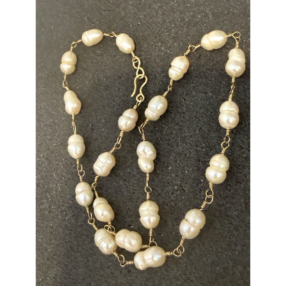 16" Hand-Linked Twin Peanut Baroque Pearl Choker Necklace Gold Tone Hook Clasp